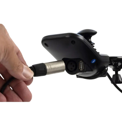 Close-up of the MM60 Carbon joystick controller with USB port, charging port, and Bluetooth