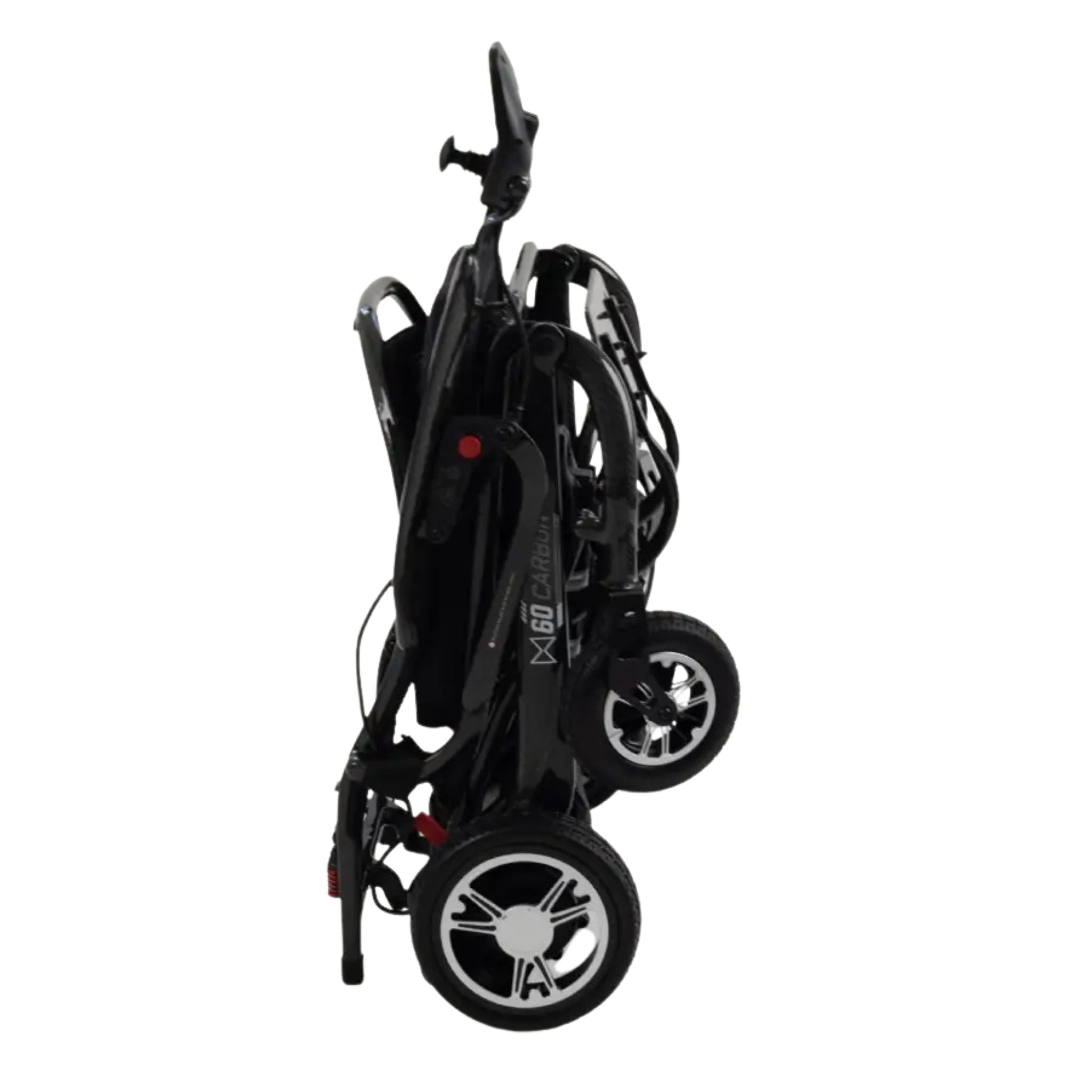Monarch MM60 Carbon folding power wheelchair folded down compactly for storage and travel