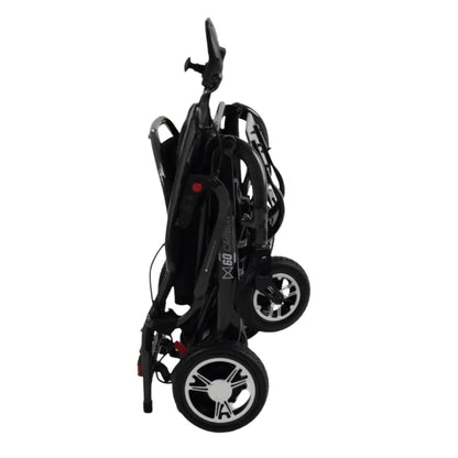 Monarch MM60 Carbon folding power wheelchair folded down compactly for storage and travel