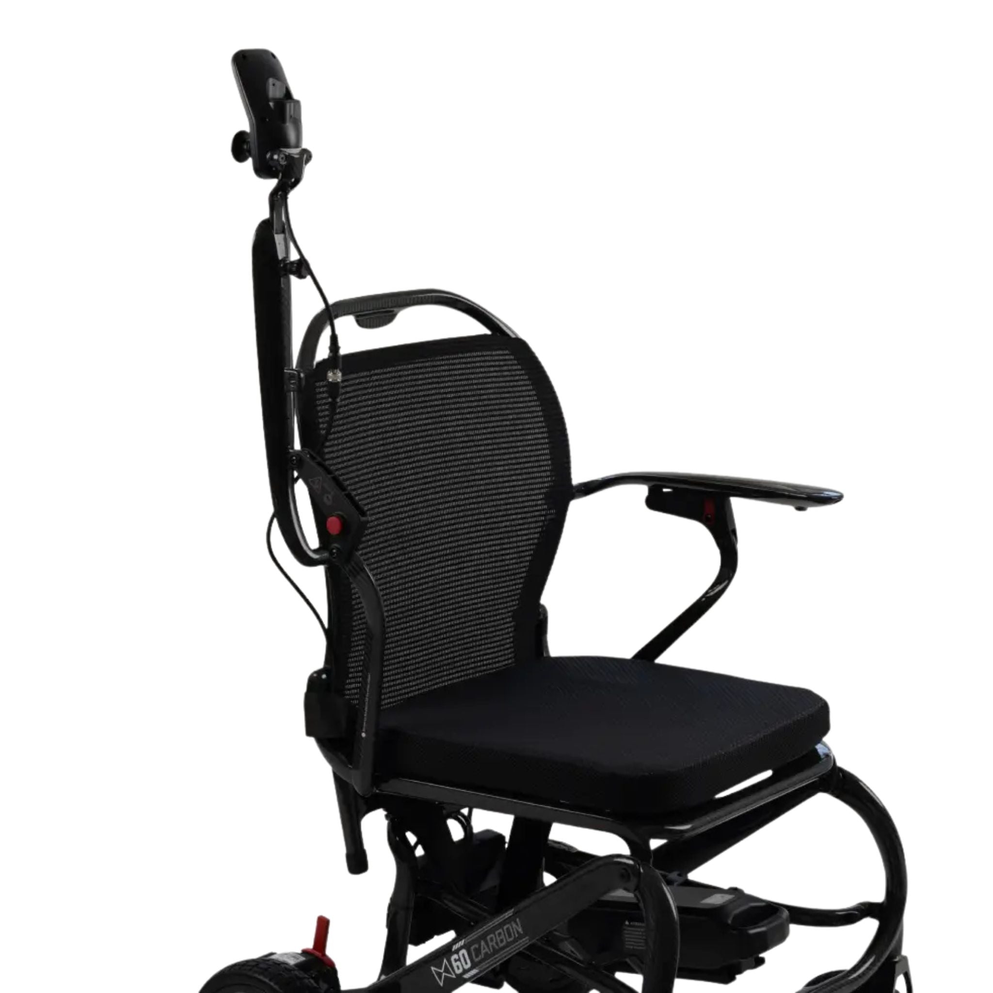 Close-up of the MM60 Carbon padded seat, breathable mesh backrest, flip-up armrest, and rear attendant control