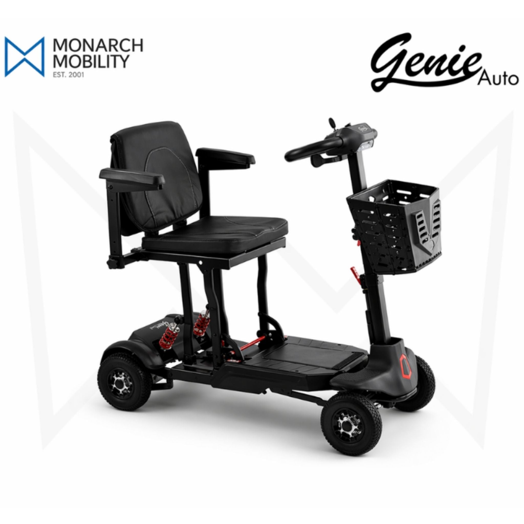 Black Monarch Mobility Genie Auto folding mobility scooter with padded seat, front storage basket, suspension system, and compact travel-friendly design on a light background.