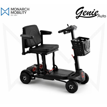 Black Monarch Mobility Genie Auto folding mobility scooter with padded seat, front storage basket, suspension system, and compact travel-friendly design on a light background.