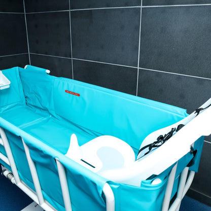 Rear view of Morgan AH Medical bathing trolley showing bathing surface and support system