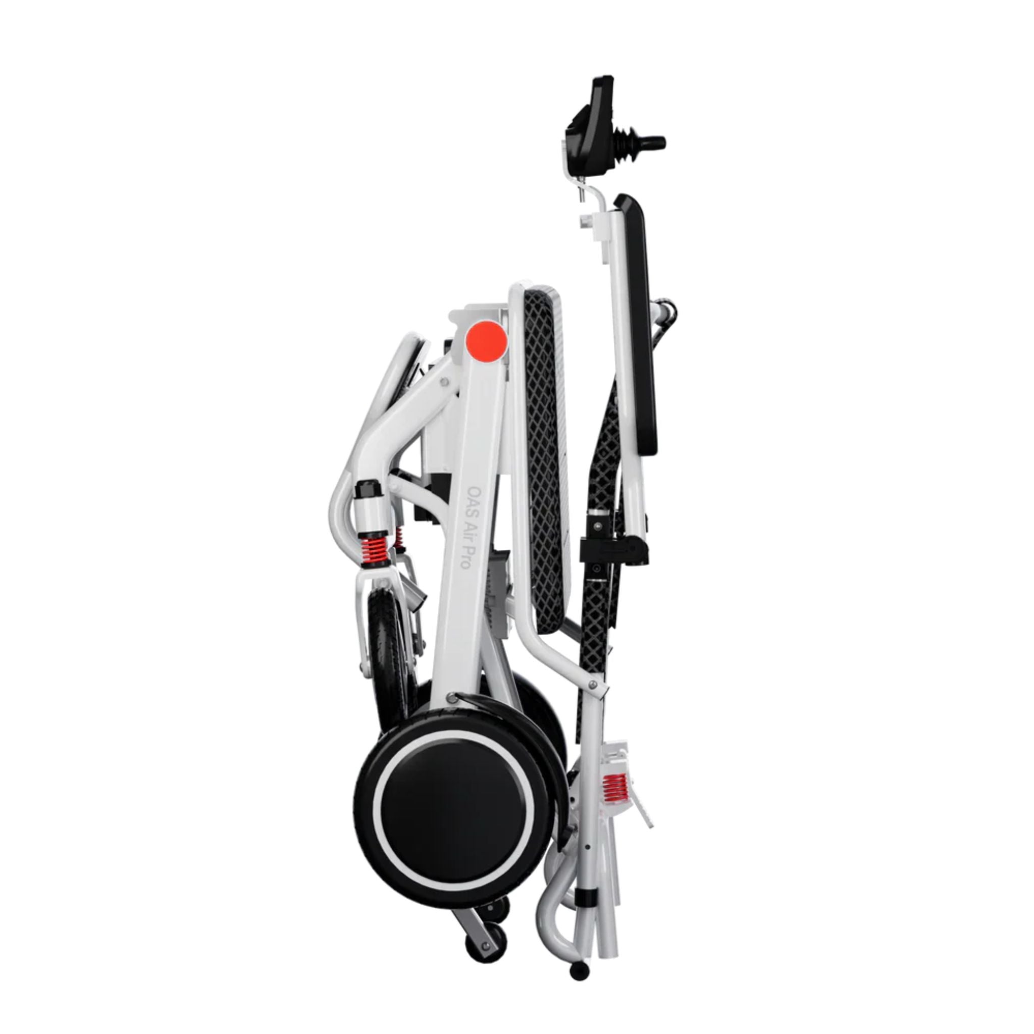Side profile of the folded OAS Air Pro electric wheelchair for compact transport and storage