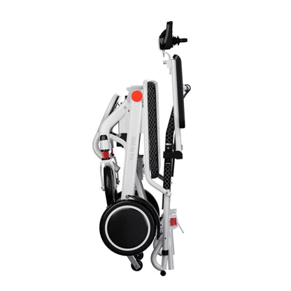 Side profile of the folded OAS Air Pro electric wheelchair for compact transport and storage