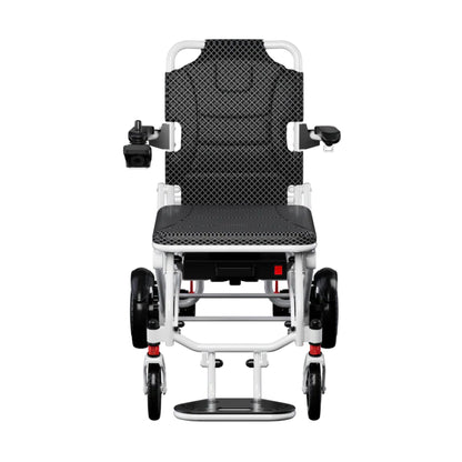 Front view of the OAS Air Pro lightweight electric wheelchair with flip-up footplate