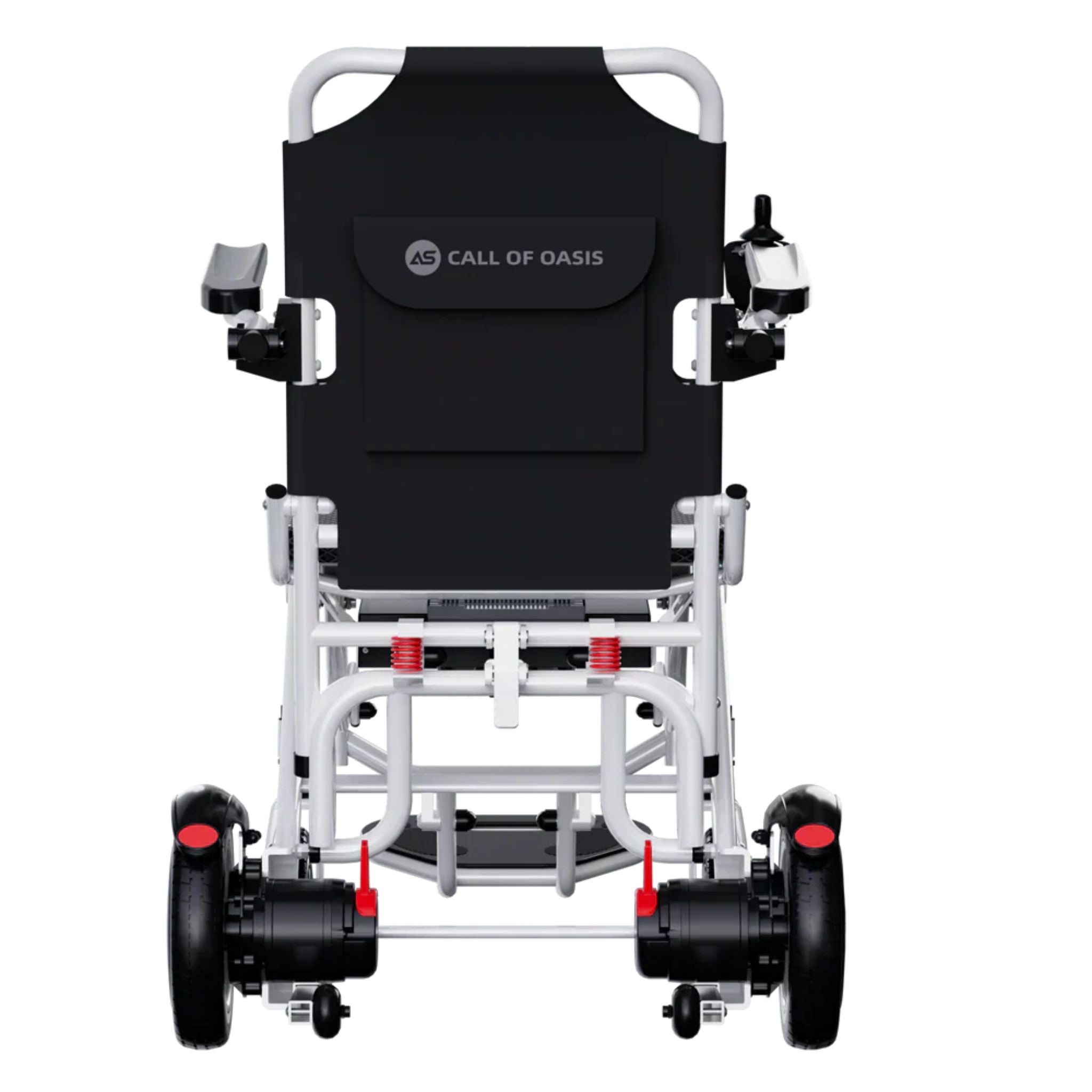 Rear view of the OAS Air Pro electric wheelchair showing storage pocket and dual motors