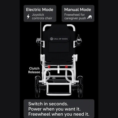Diagram showing OAS Air Pro electric drive mode and manual freewheel caregiver push mode