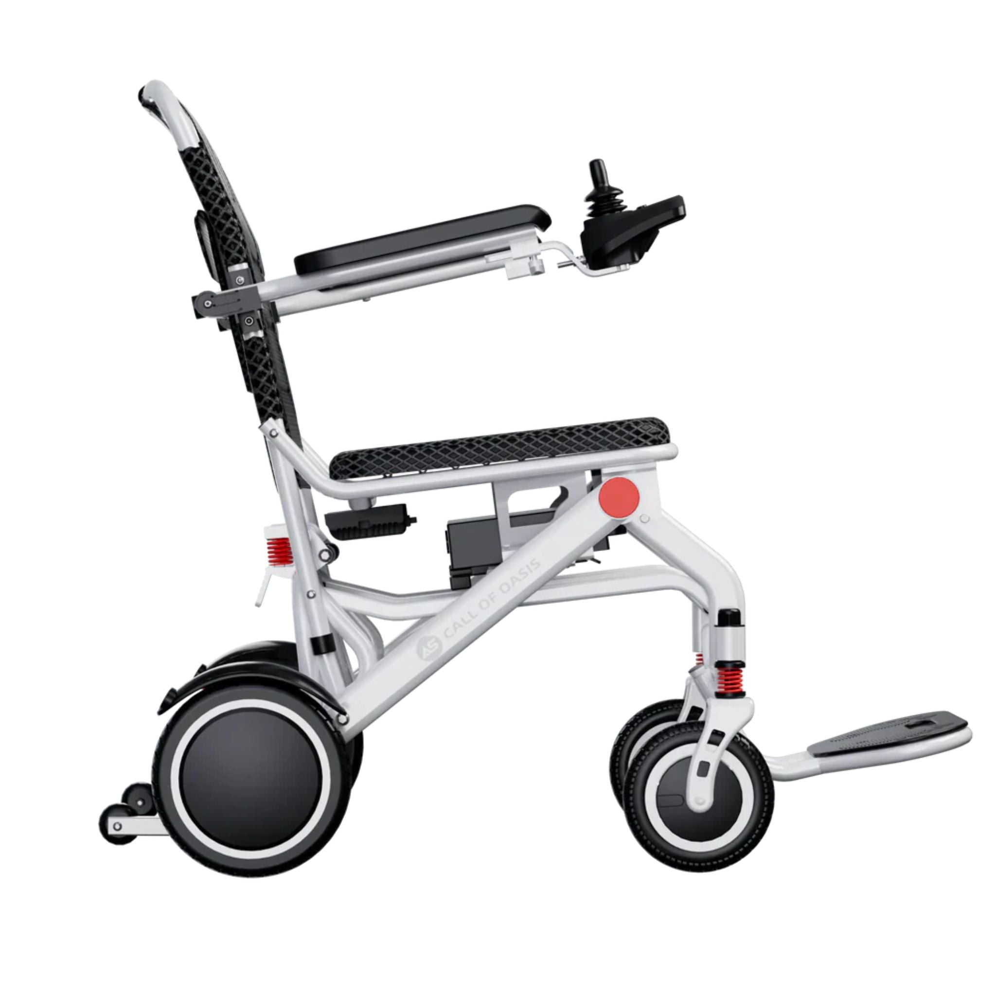 Side view of the OAS Air Pro lightweight aluminum folding electric wheelchair frame