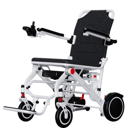 Left side view of the OAS Air Pro lightweight folding electric wheelchair