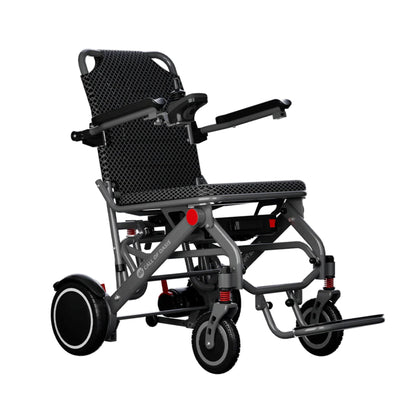 OAS Air Pro lightweight foldable electric wheelchair in charcoal gray with aircraft-grade aluminum frame and joystick control