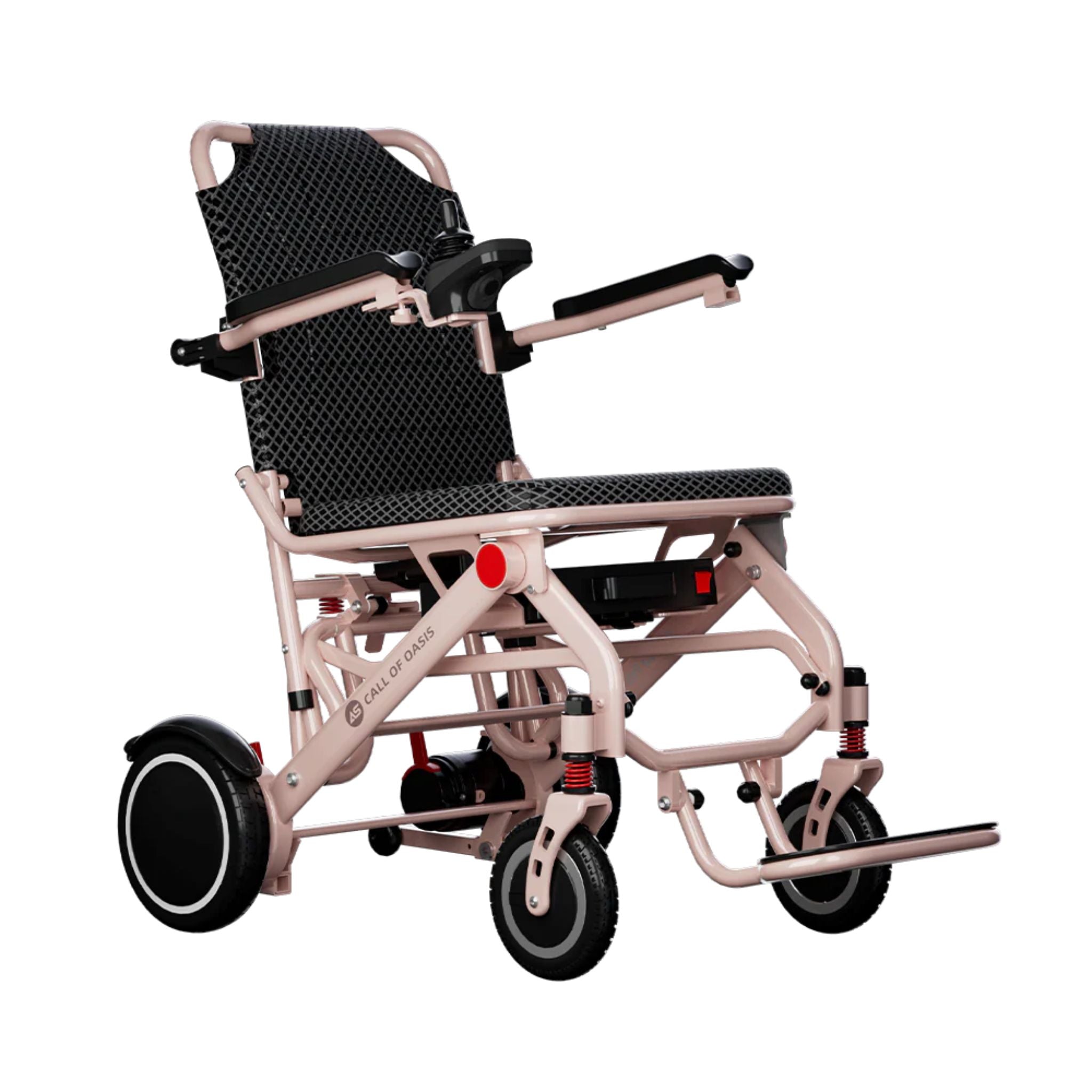 OAS Air Pro lightweight foldable electric wheelchair in pink with ultra-lightweight aluminum frame and suspension