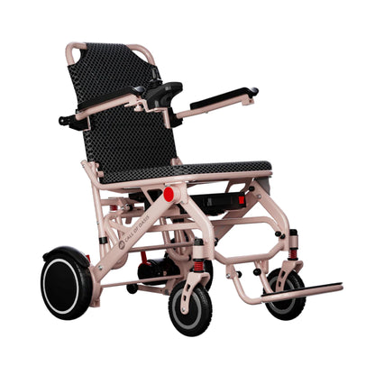 OAS Air Pro lightweight foldable electric wheelchair in pink with ultra-lightweight aluminum frame and suspension