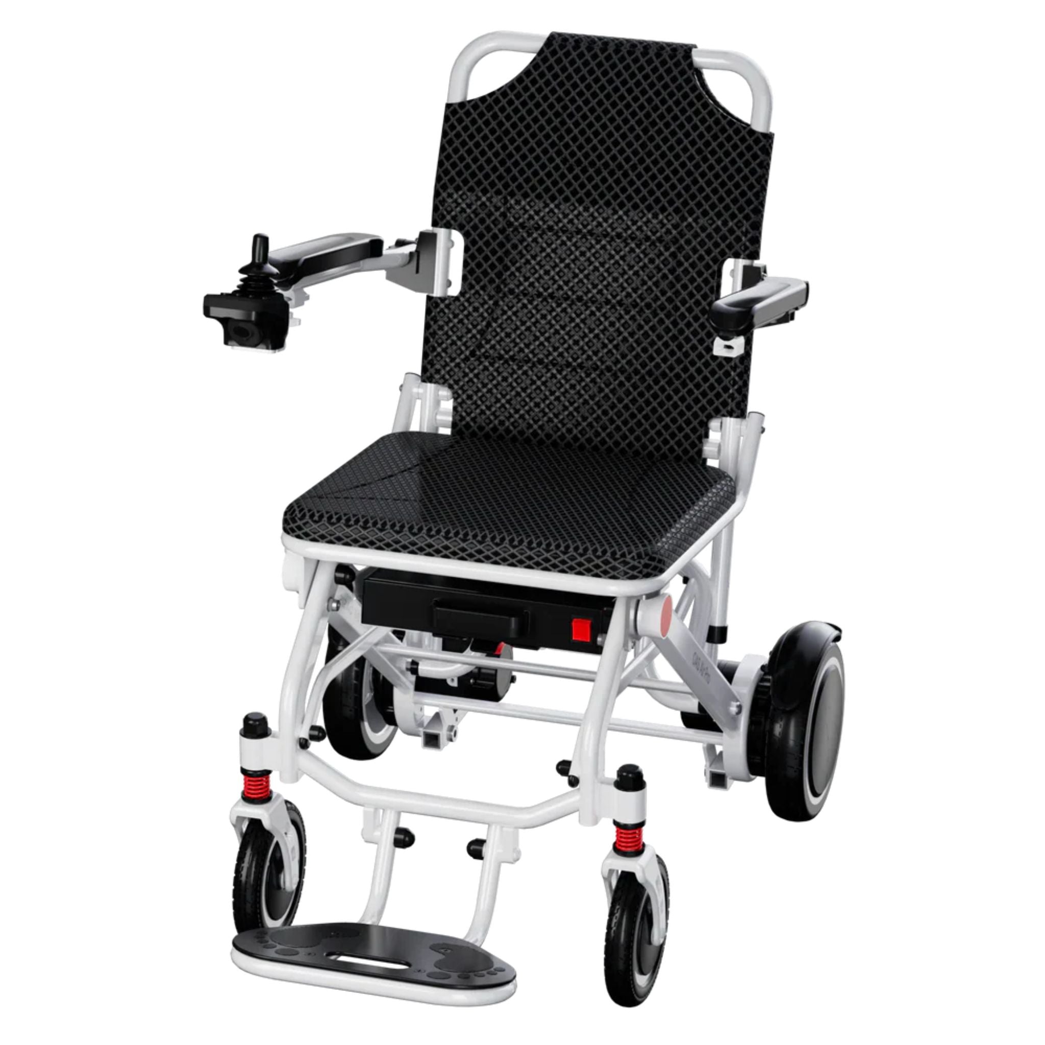 Front three-quarter view of the OAS Air Pro lightweight folding electric wheelchair