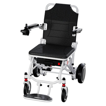 Front three-quarter view of the OAS Air Pro lightweight folding electric wheelchair