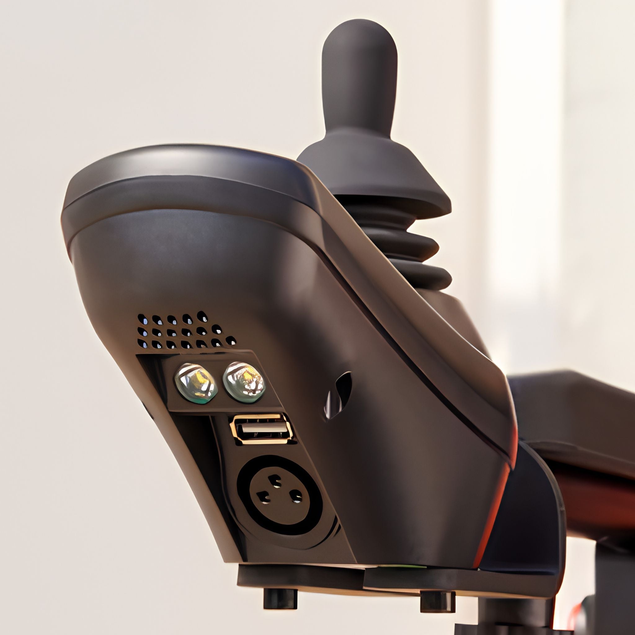 Close-up of the OAS Air Ultra controller side with LED headlight, USB charging port, and charging socket