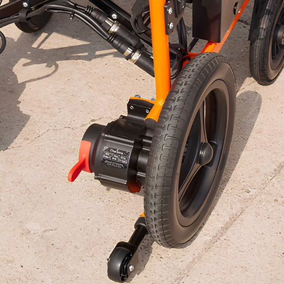 Close-up of the OAS Air Ultra rear drive motor with electromagnetic brake, tire, and anti-tip caster wheel