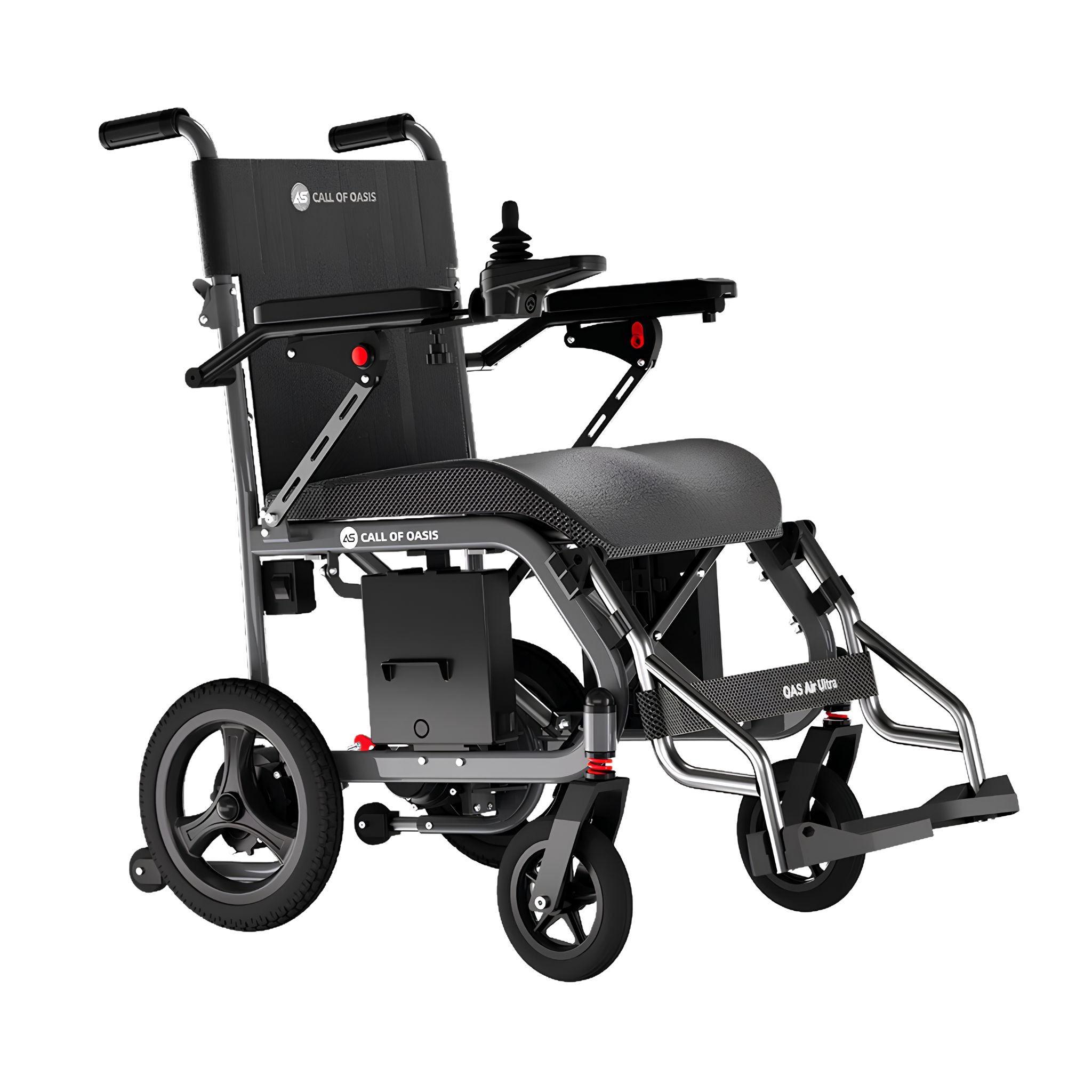 Ebony OAS Air Ultra lightweight folding travel power wheelchair with a 360-degree joystick and 12-inch rear wheels