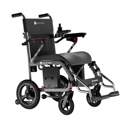 Ebony OAS Air Ultra lightweight folding travel power wheelchair with a 360-degree joystick and 12-inch rear wheels