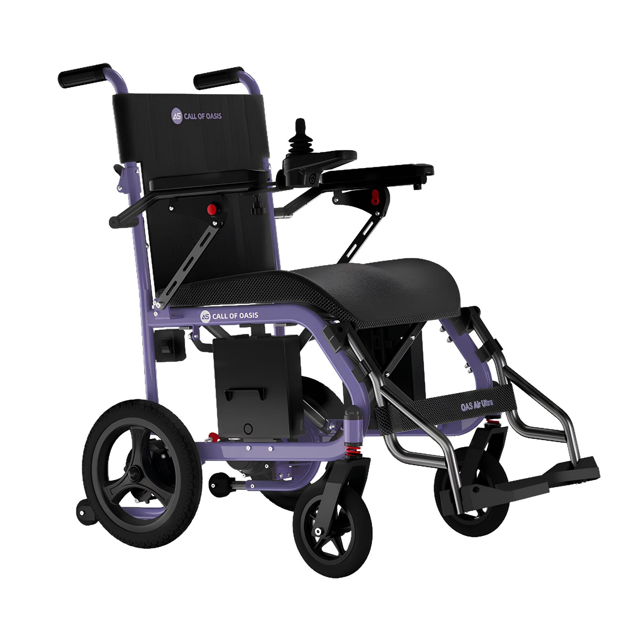 Lavender OAS Air Ultra lightweight folding travel power wheelchair with a 360-degree joystick and 12-inch rear wheels