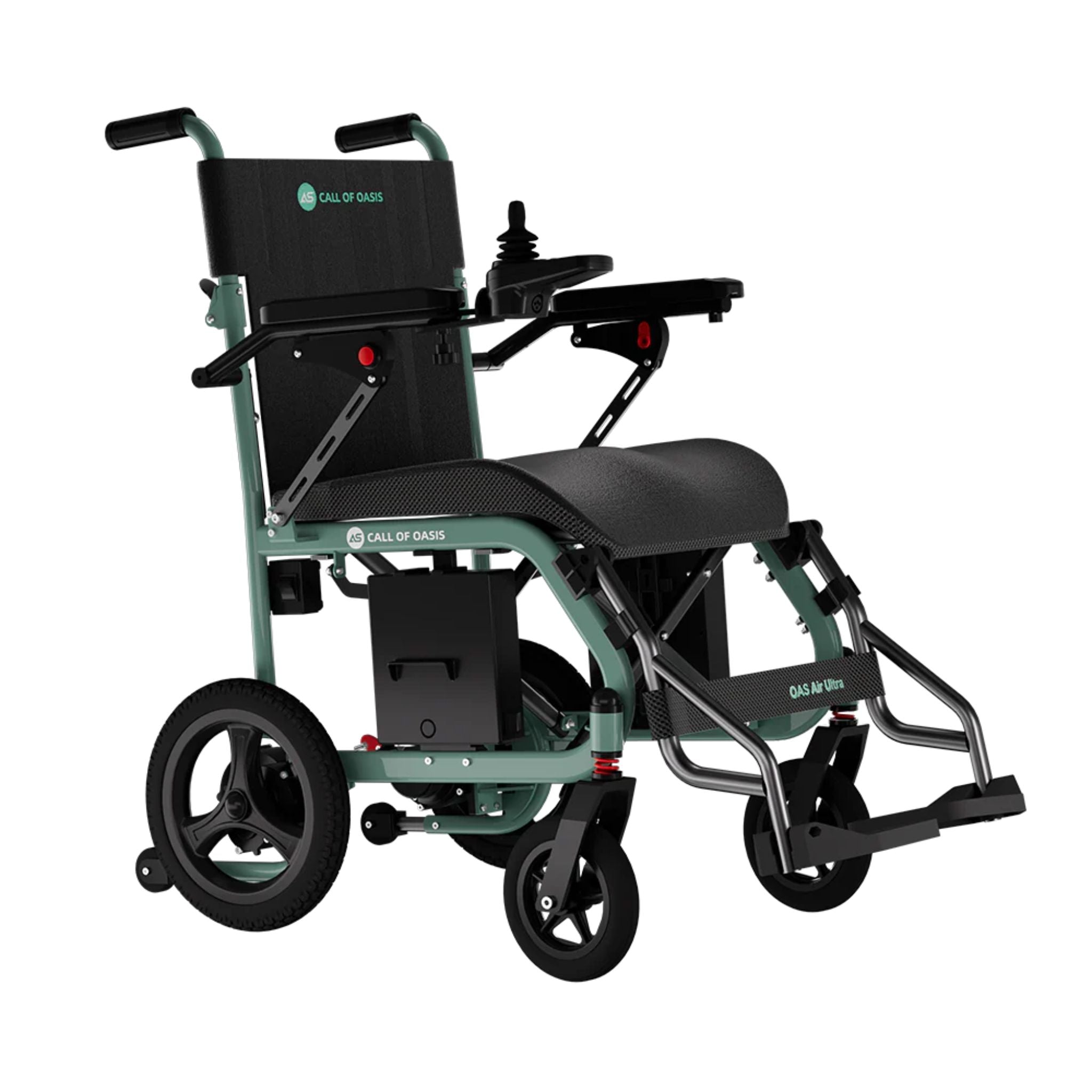 Sage Green OAS Air Ultra lightweight folding travel power wheelchair with a 360-degree joystick and 12-inch rear wheels