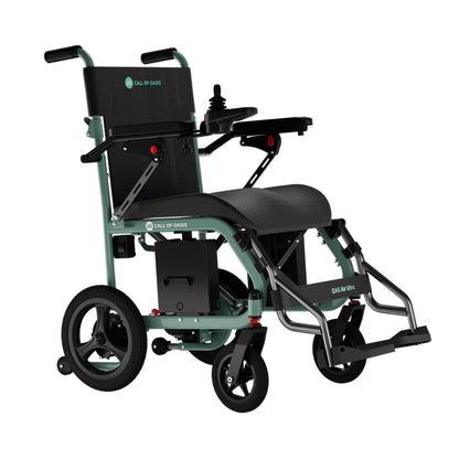 Sage Green OAS Air Ultra lightweight folding travel power wheelchair with a 360-degree joystick and 12-inch rear wheels