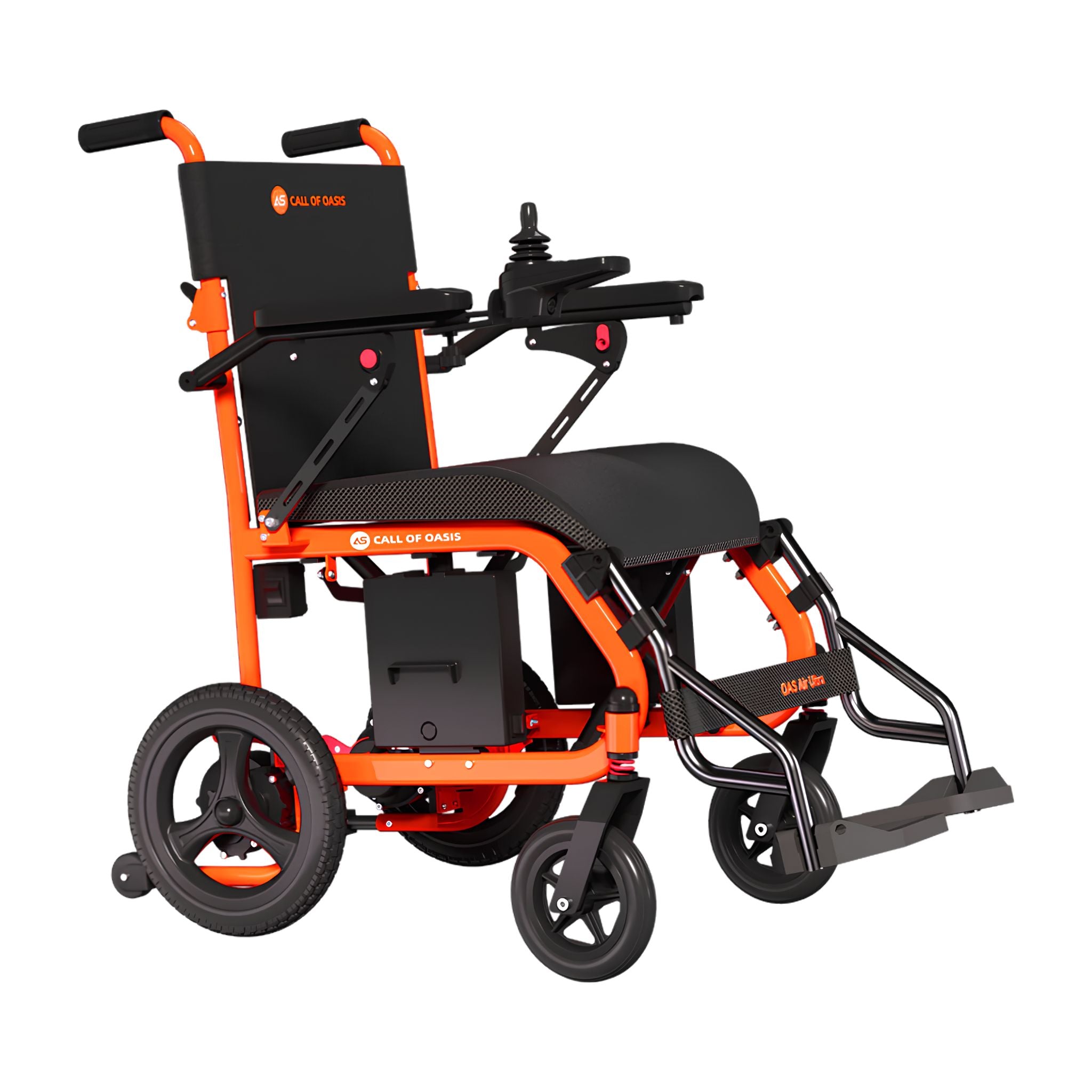Tangerine OAS Air Ultra lightweight folding travel power wheelchair with a 360-degree joystick and 12-inch rear wheels