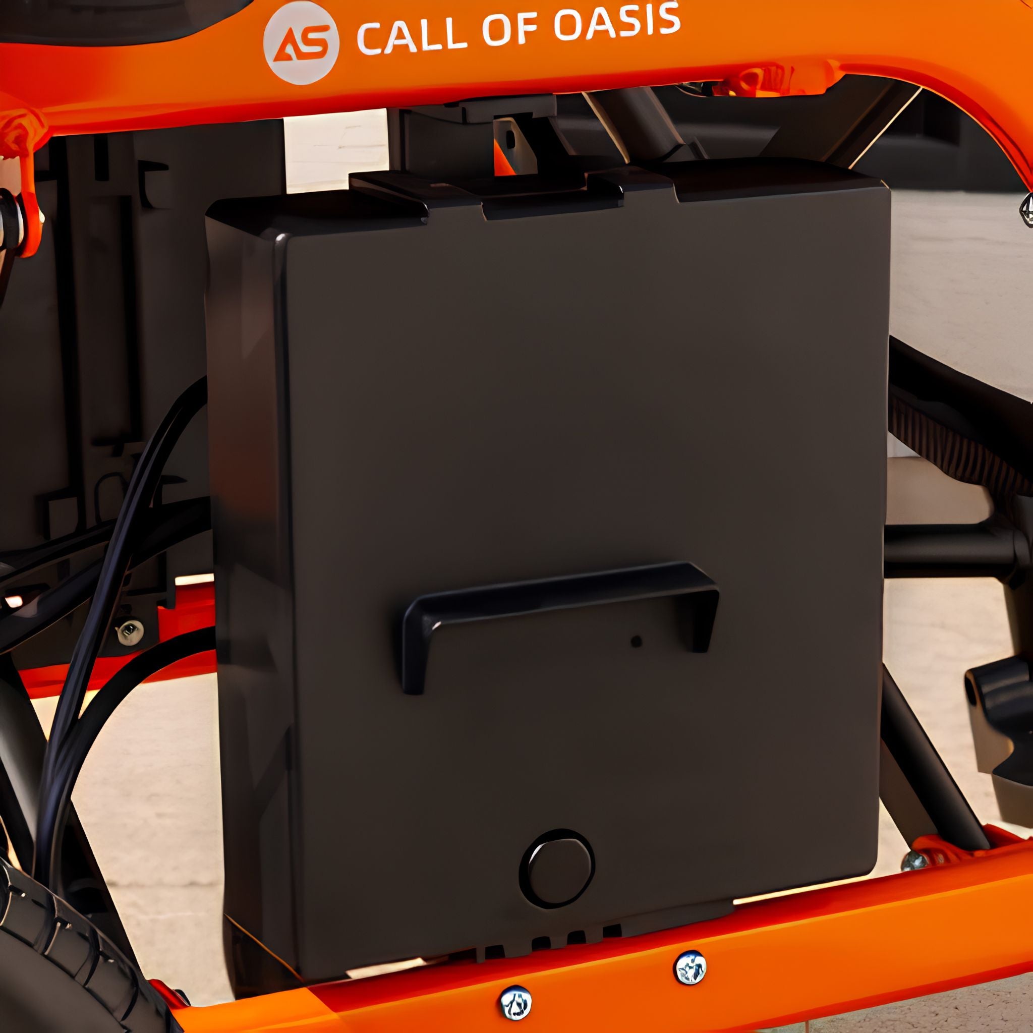 Close-up of the OAS Air Ultra removable lithium-ion battery pack with a carry handle mounted on the frame