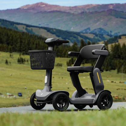 Paiseec S3 gray folding mobility scooter parked outdoors showing compact design, seat, basket, and three-wheel configuration.