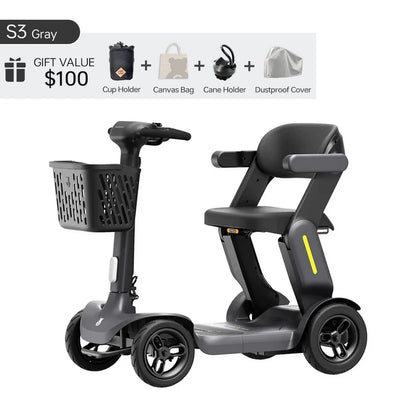 Paiseec S3 gray compact mobility scooter with included cup holder, canvas bag, cane holder, and dust cover.
