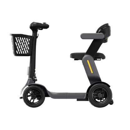 Side profile of the Paiseec S3 foldable mobility scooter highlighting its compact frame, comfortable seating, and stable four-wheel design.