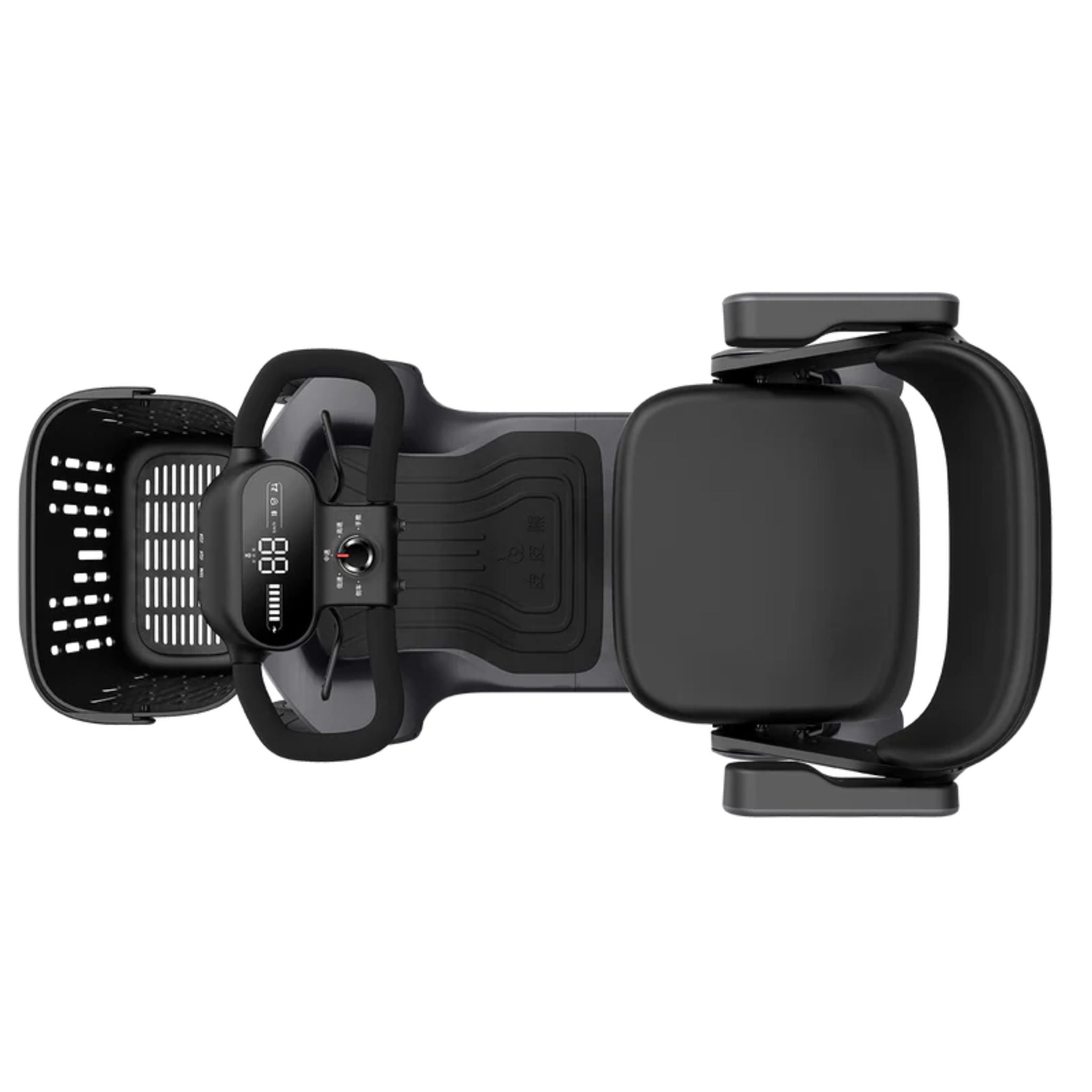 Top-down view of the Paiseec S3 mobility scooter showing the spacious seat, intuitive controls, front basket, and ergonomic riding position.