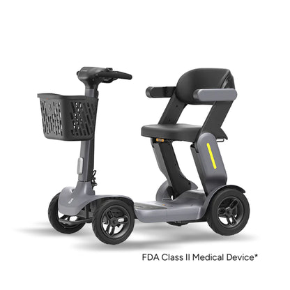 Paiseec S3 smart foldable mobility scooter in gray featuring a compact design, comfortable seat, front basket, and FDA Class II medical device designation.