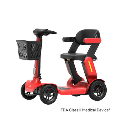 Paiseec S3 smart foldable mobility scooter in red with compact folding frame, front basket, and FDA Class II medical device designation.
