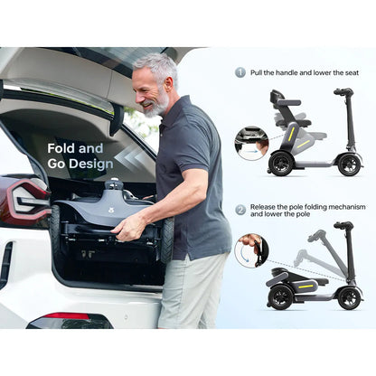 Demonstration of the Paiseec S3 two-step folding mechanism for loading the compact mobility scooter into an SUV.