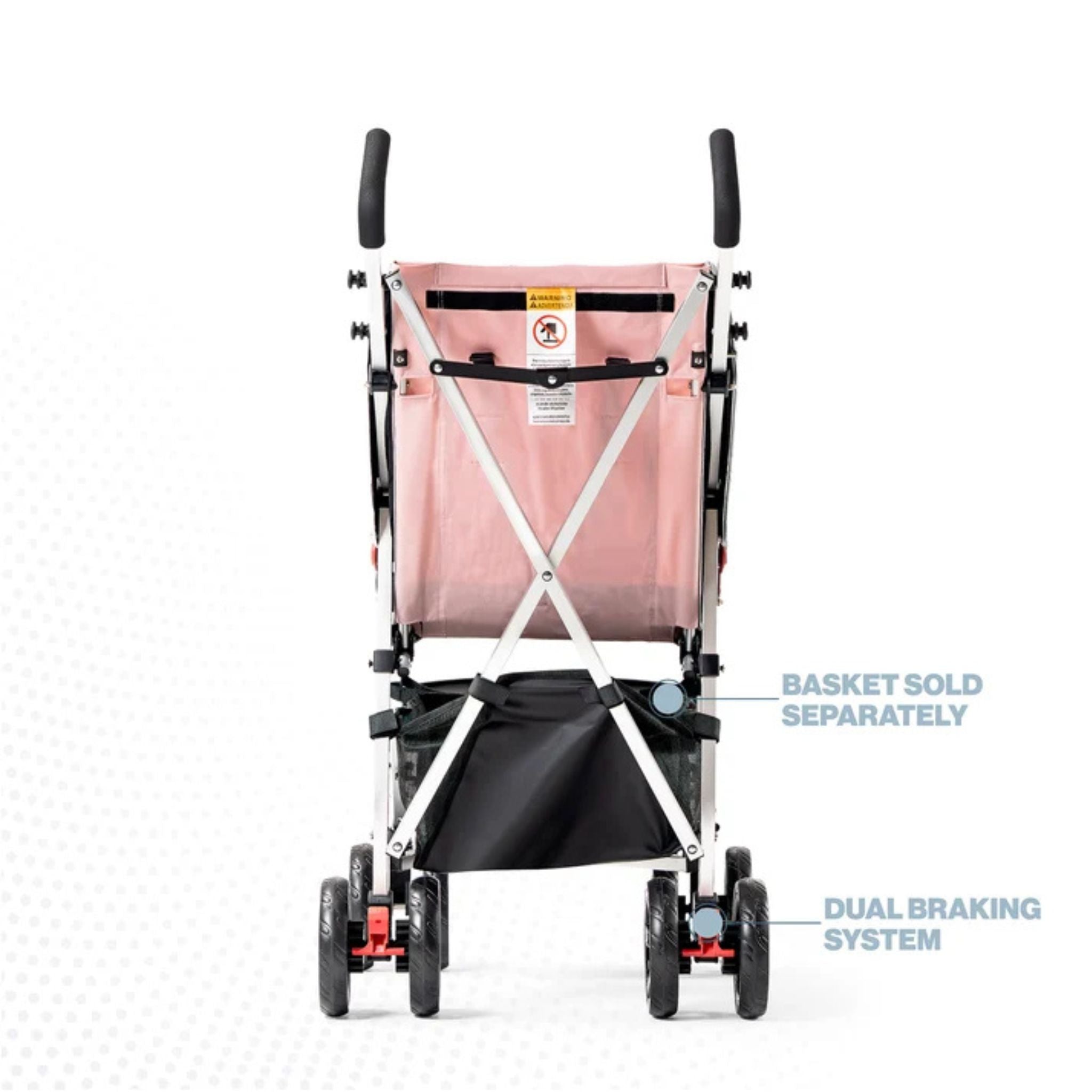 Rear view of a pink Coche special needs stroller showing the dual braking system; storage basket sold separately