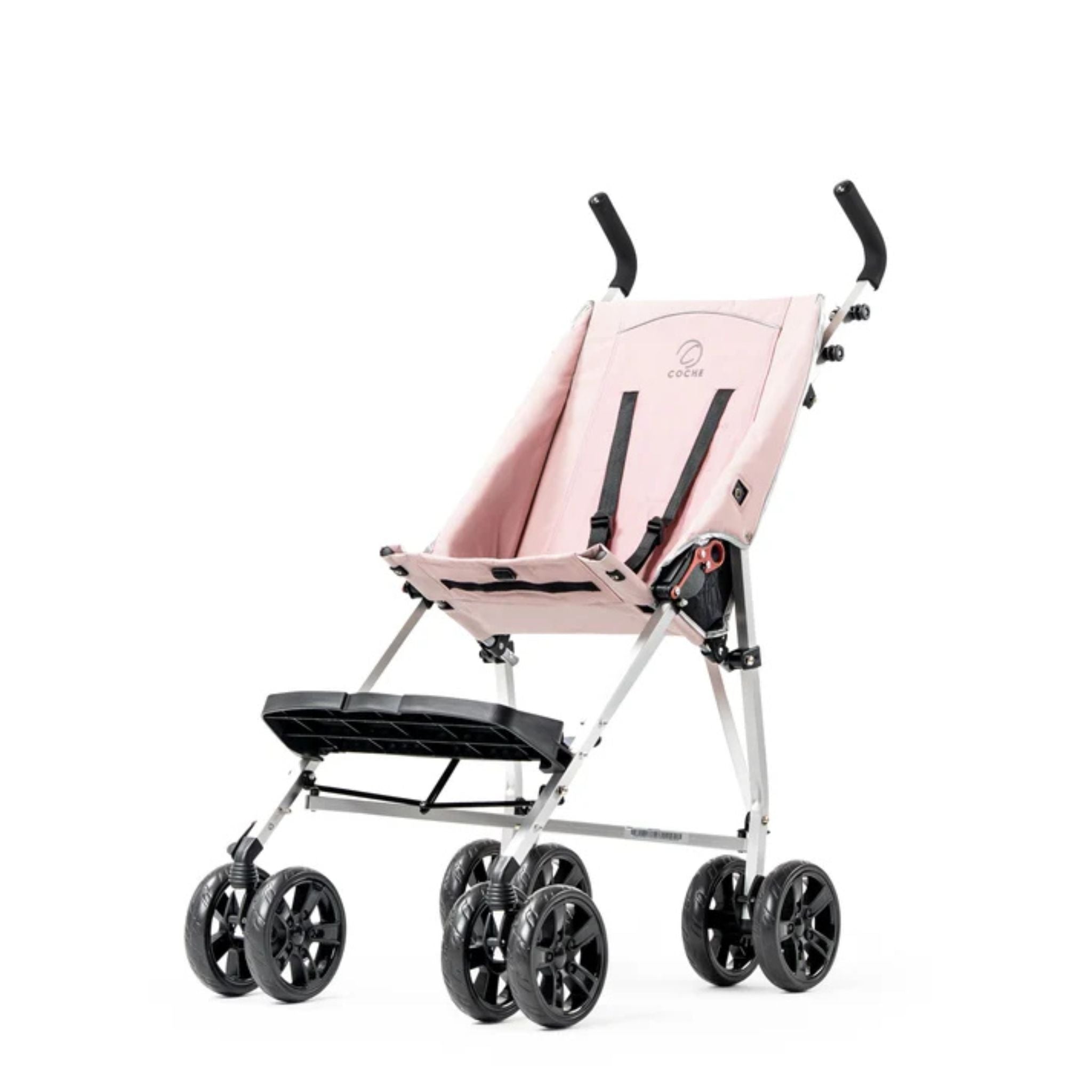 Pink Coche special needs stroller with lightweight frame, padded seat, footrest, and dual front swivel wheels