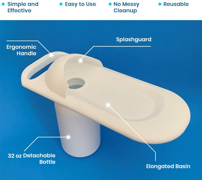 PottyCap reusable female urinal featuring an ergonomic handle and detachable 32-ounce collection bottle.