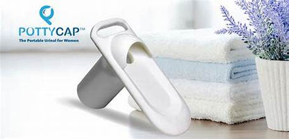 PottyCap portable female urinal displayed beside folded towels, highlighting a reusable bedside, travel and incontinence management solution for women.