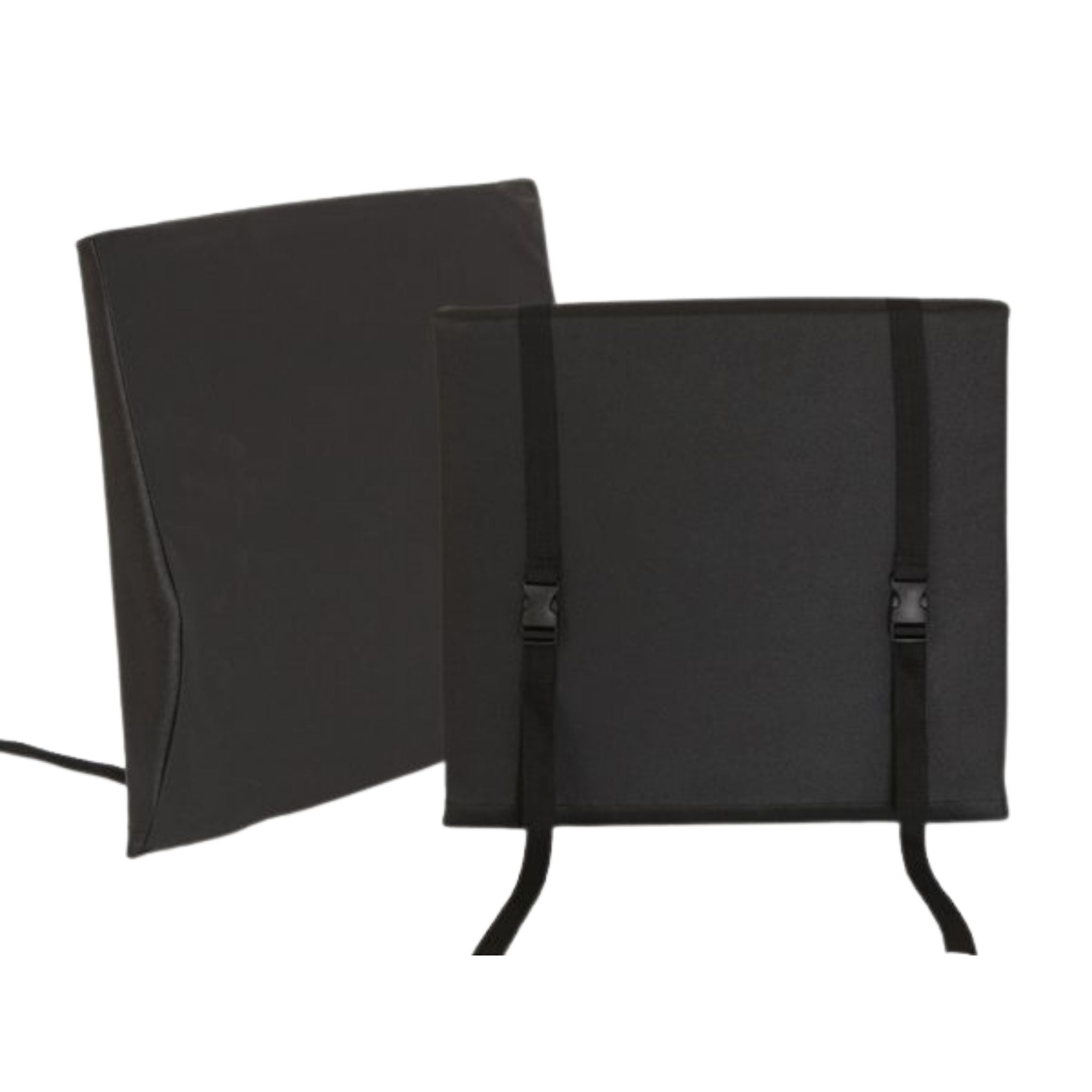 Proactive Medical Protekt Back wheelchair cushion, front and back views with stabilizing panel and adjustable safety straps