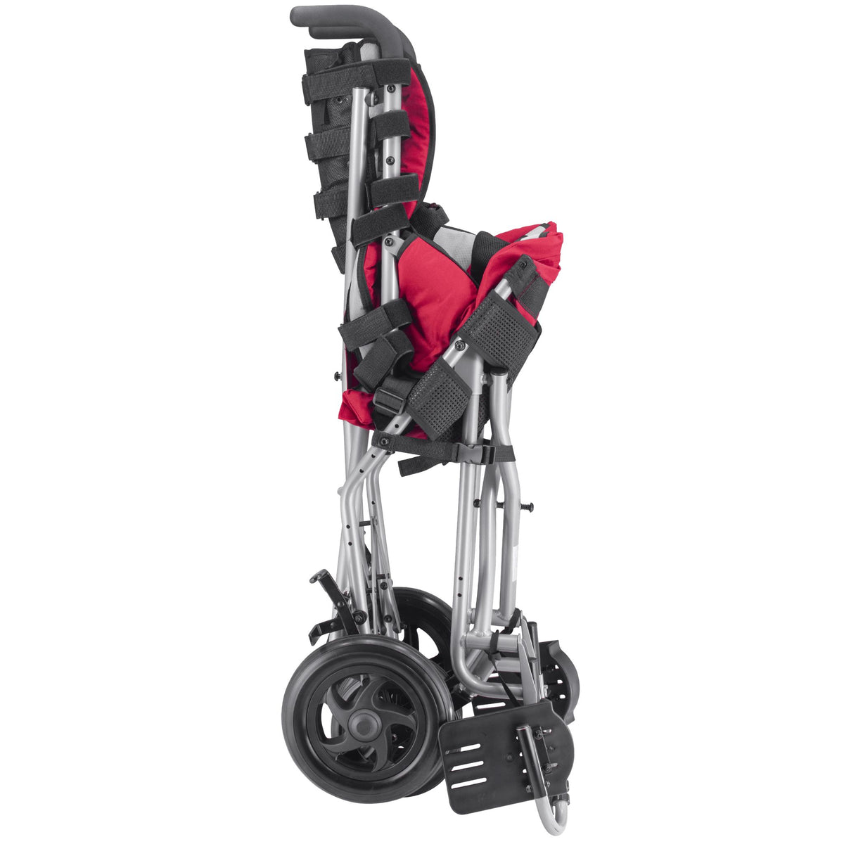 Red Circle Specialty Strive adaptive stroller folded flat, side view showing the compact folded frame and footrest