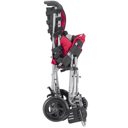Red Circle Specialty Strive adaptive stroller folded flat, side view showing the compact folded frame and footrest