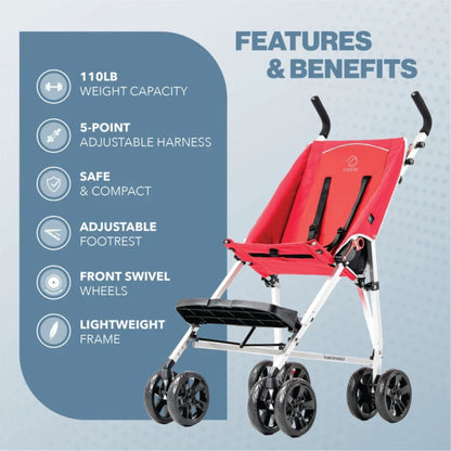 Red Coche special needs stroller with callouts for 110 lb capacity, 5-point harness, adjustable footrest, and swivel wheels