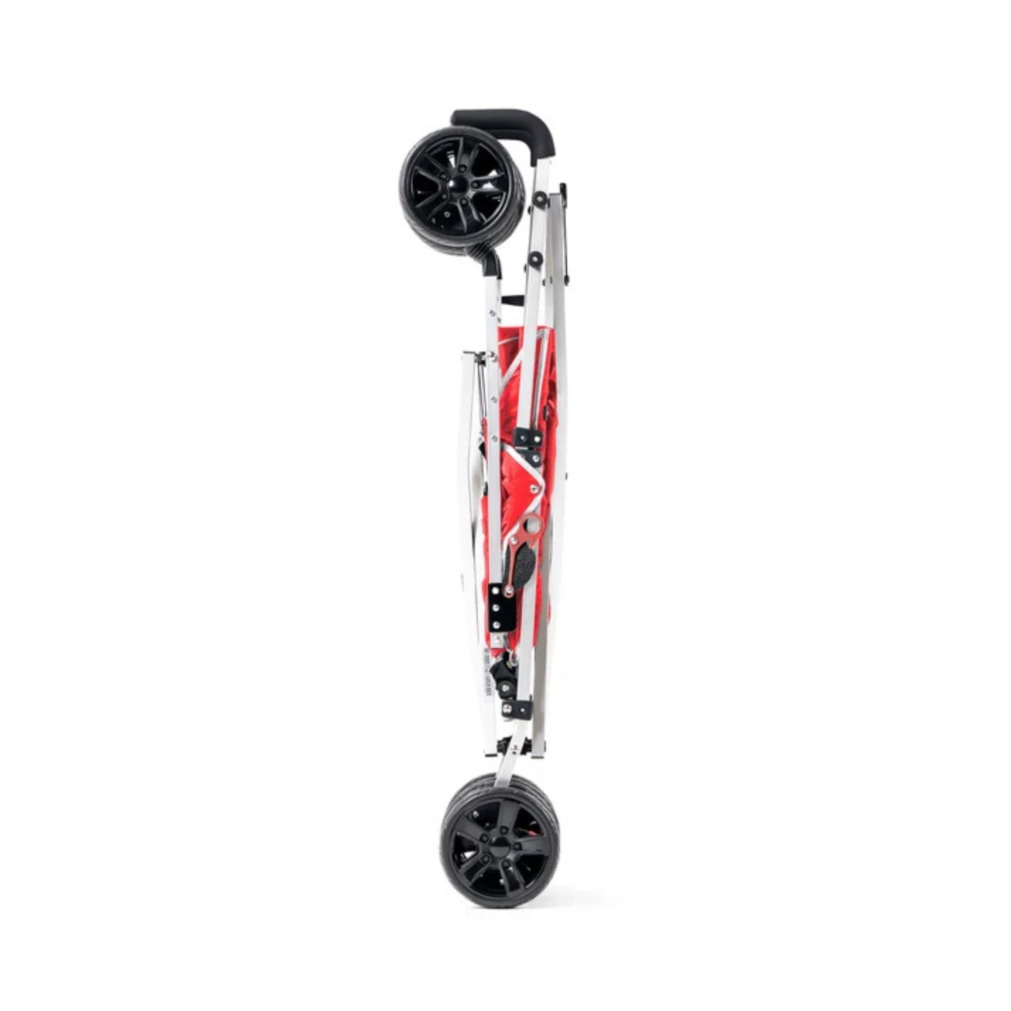 Red Coche special needs stroller folded flat and compact for easy storage and transport