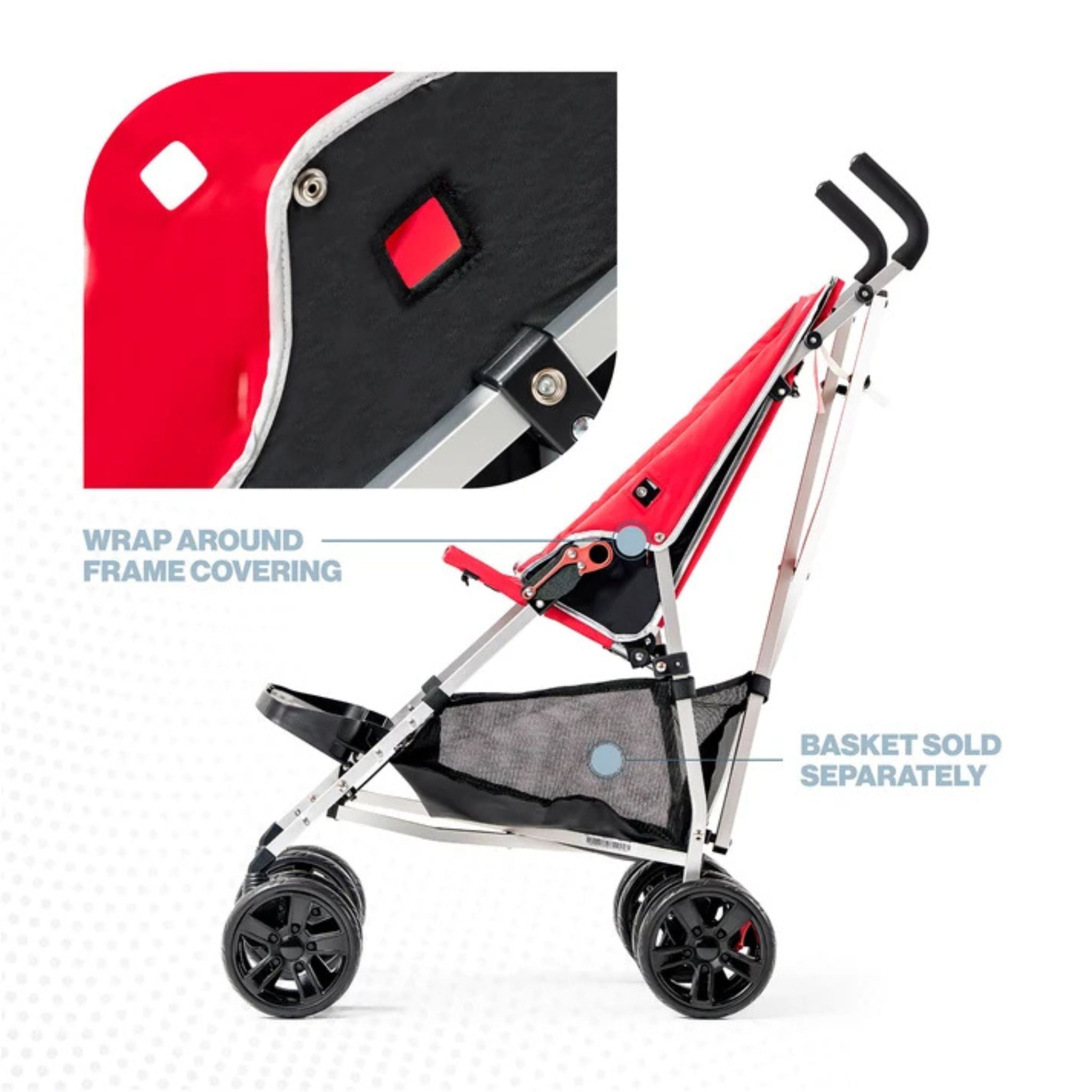 Side view of a red Coche special needs stroller showing the wrap-around frame covering; basket sold separately