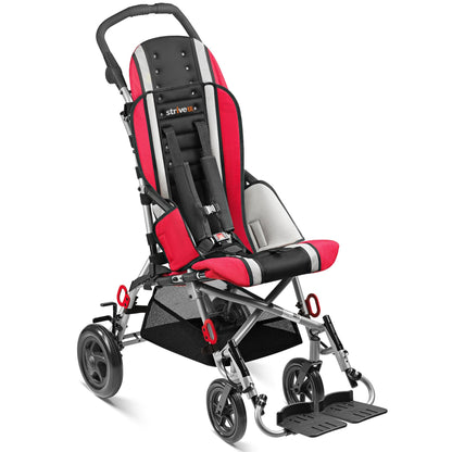 Red Circle Specialty Strive EZ adaptive stroller with 5-point harness, side supports, angle-adjustable footplates, and under-seat basket