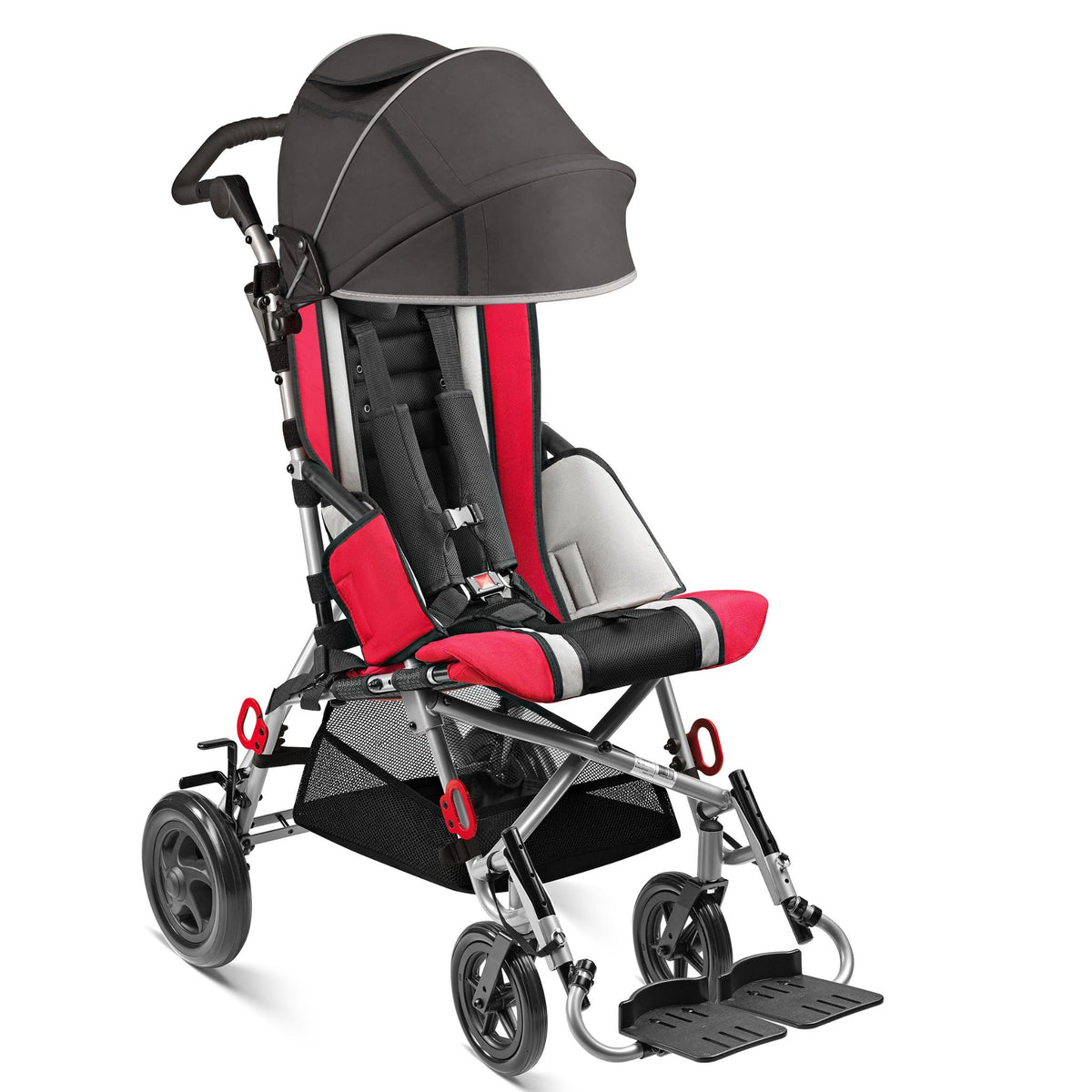 Red Circle Specialty Strive EZ adaptive stroller with optional canopy, under-seat basket, and optional red transit tie-down brackets
