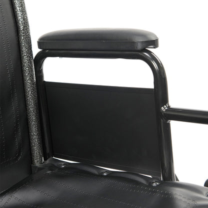 Close-up of removable desk-length padded armrest on Chariot II bariatric wheelchair designed for easier wheelchair transfers and accessible seated positioning.