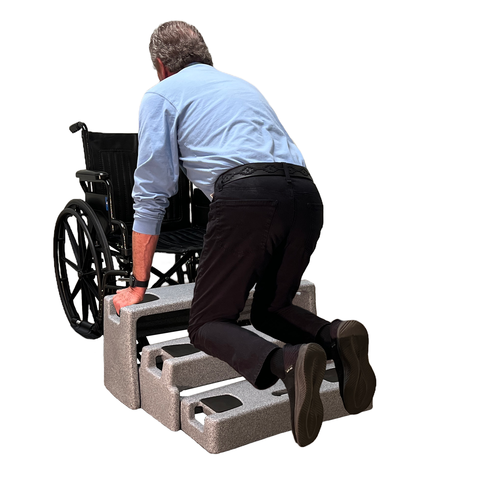 Person using ResQUp recovery steps to transfer safely from the floor into a wheelchair