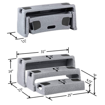 ResQUp dimensions showing three graduated steps, folded configuration, and compact storage measurements